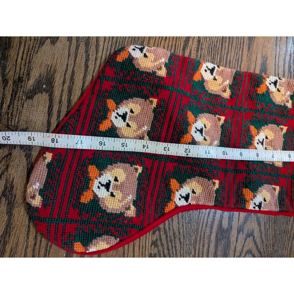 Vintage Needlepoint Christmas Stocking Country Bear Bells Red Velvet Candamar